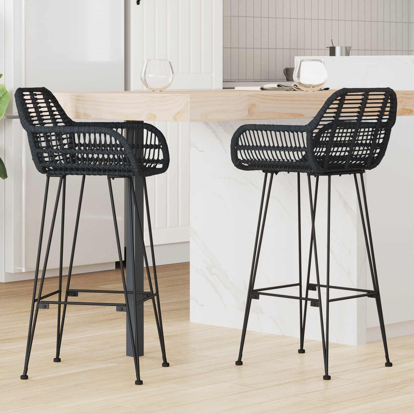 Sedia da Bar 2 pcs Nero 55 x 52 x 105 cm Rattan e Ferro