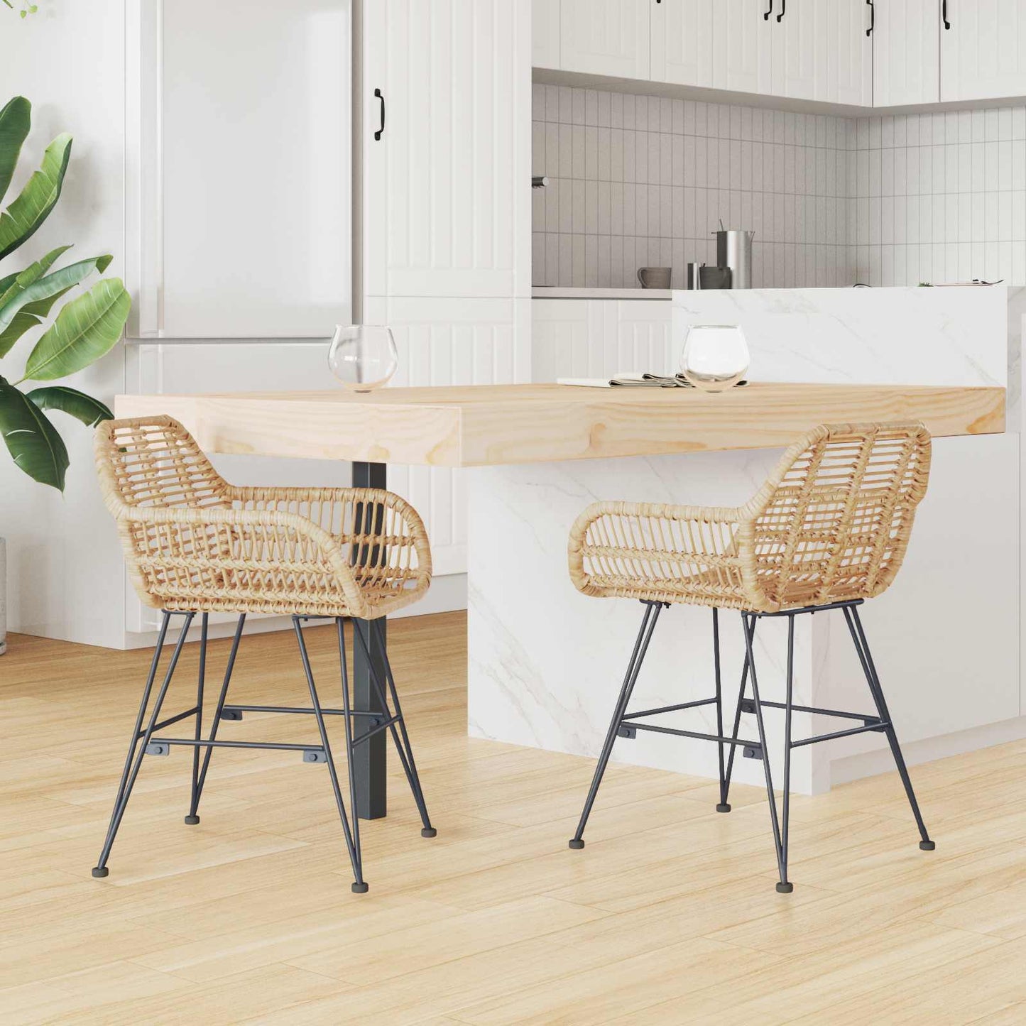 Sedia da pranzo 2 pcs Naturale 55 x 50 x 74 cm Rattan e Ferro