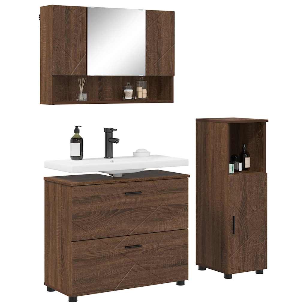 Set di mobili per il bagno con cassetto 3 pcs Rovere Marrone