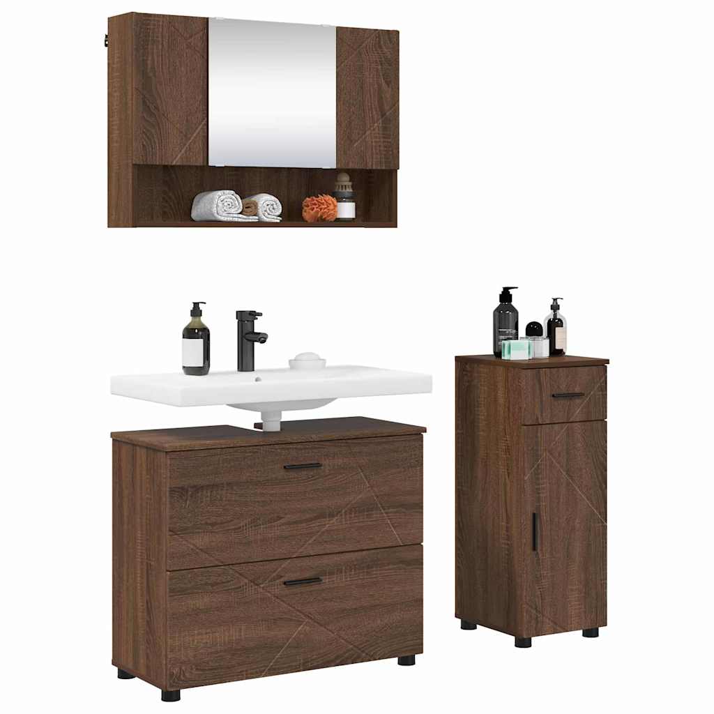 Set di mobili per il bagno con cassetto 3 pcs Rovere Marrone