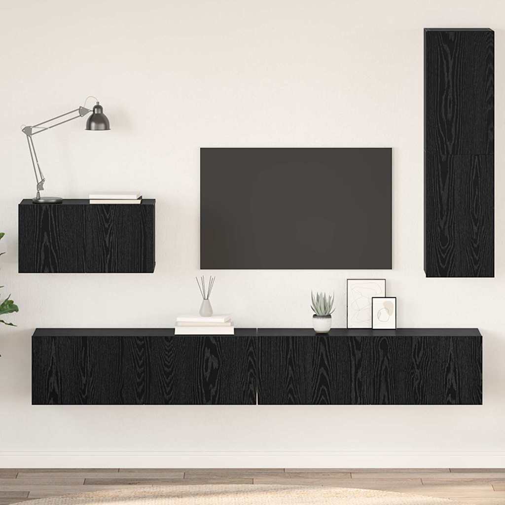 Mobile TV da Parete 4 pcs Rovere Nero Legno multistrato