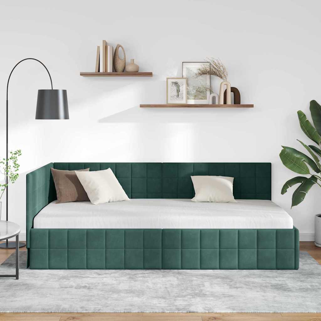 Cornice del letto ad angolo Verde Scuro 90 cm x 200 cm Velluto