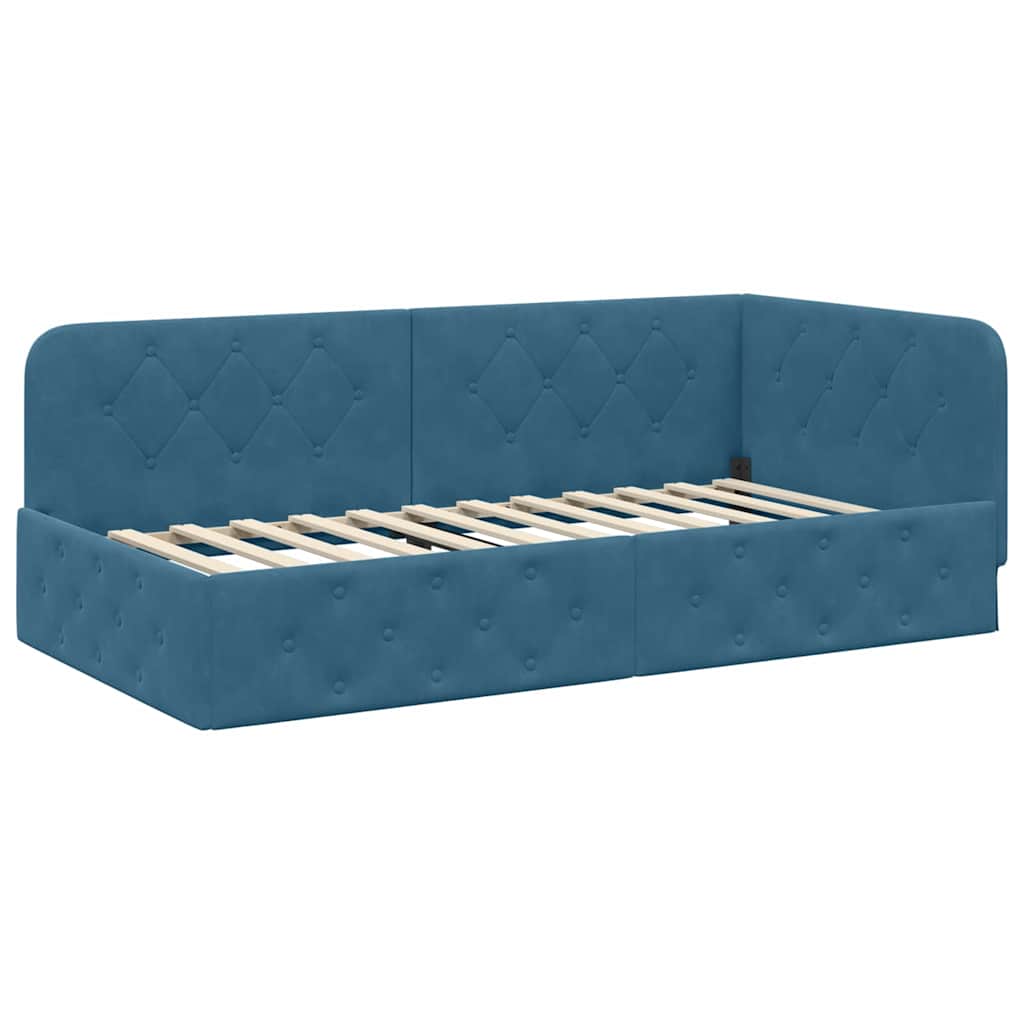 Cornice del letto ad angolo Blu 90 x 190 cm Velluto