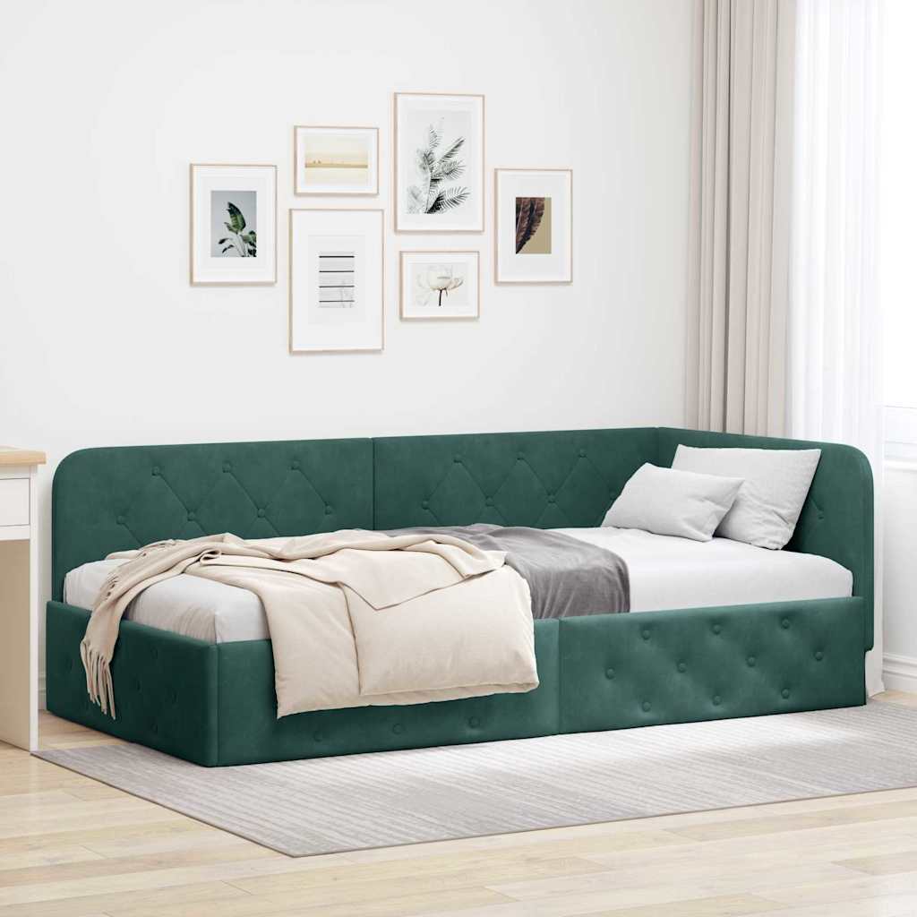 Cornice del letto ad angolo Verde Scuro 90 x 190 cm Velluto