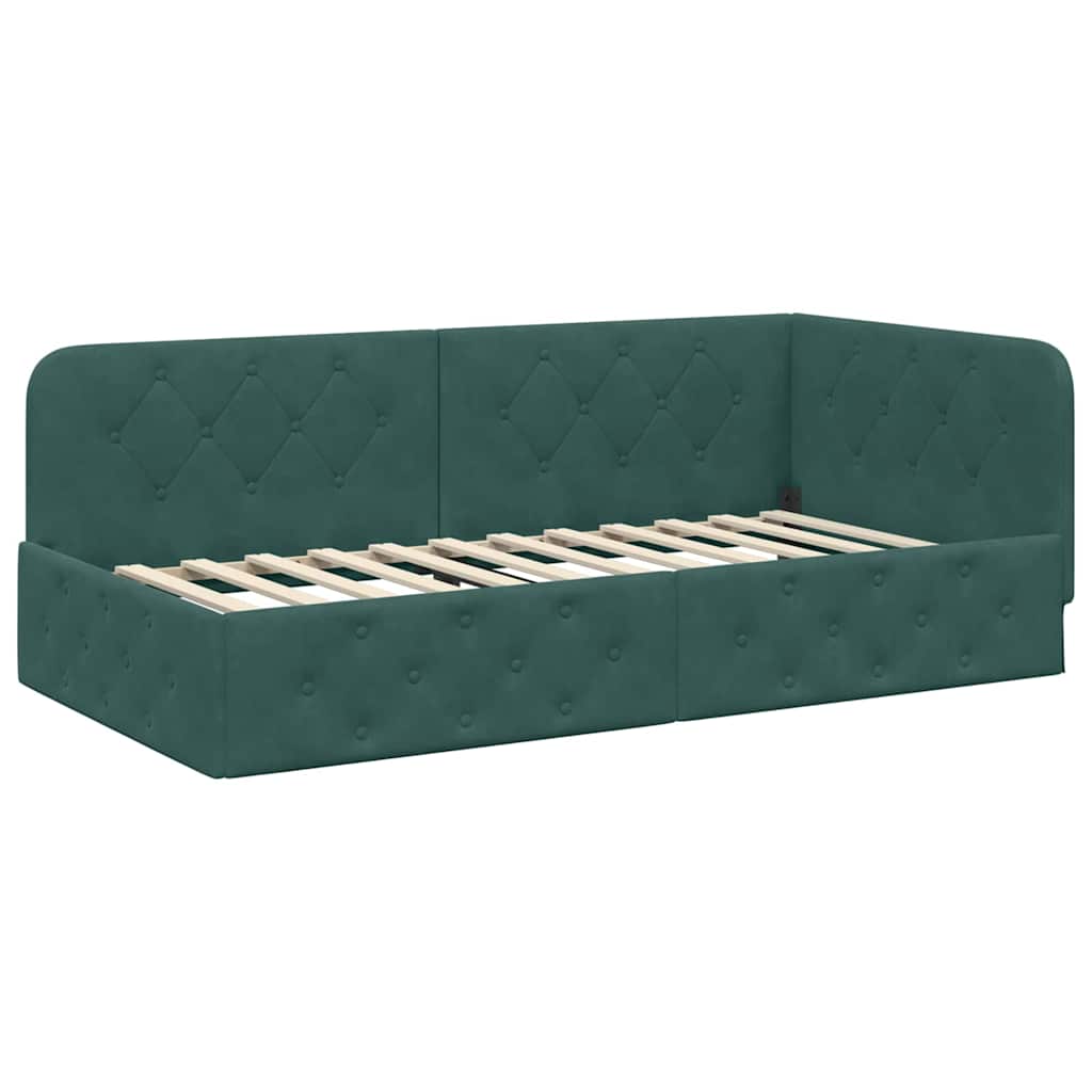 Cornice del letto ad angolo Verde Scuro 90 x 190 cm Velluto