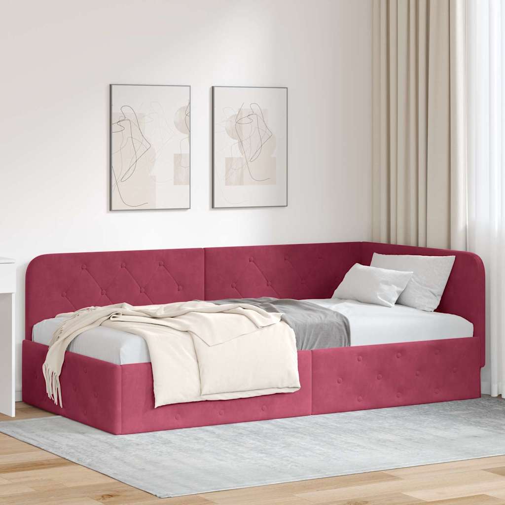 Cornice del letto ad angolo Rosso Vino 90 x 190 cm Velluto
