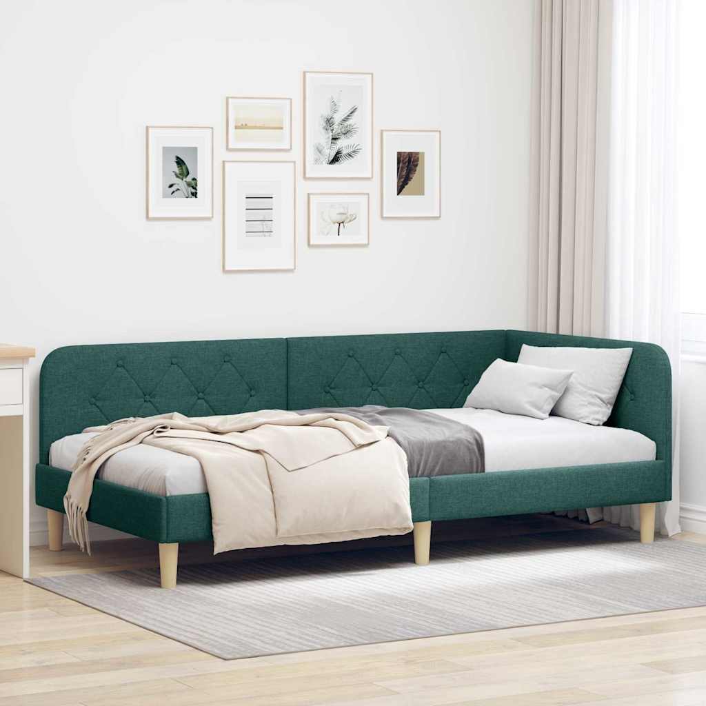 Cornice del letto ad angolo Verde Scuro 90 x 190 cm Tessuto