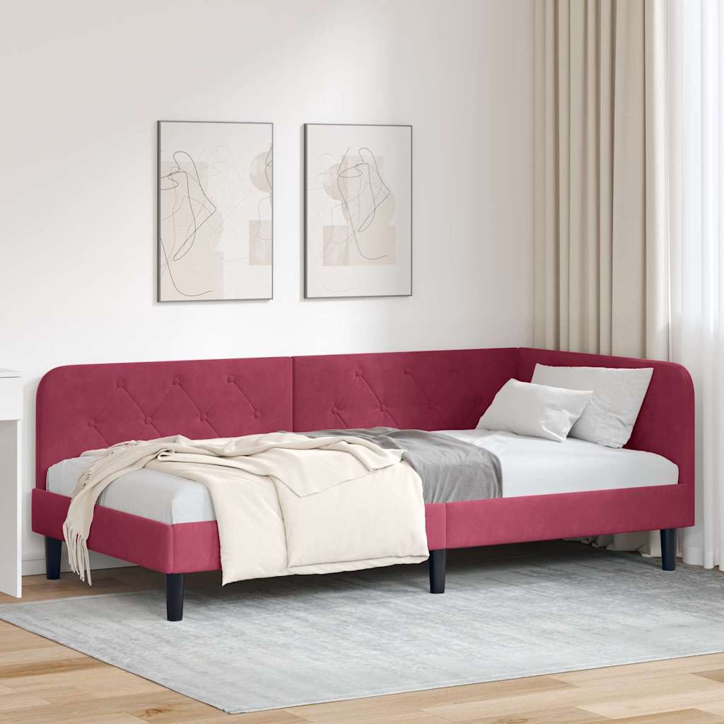 Cornice del letto ad angolo Rosso Vino 90 x 190 cm Velluto