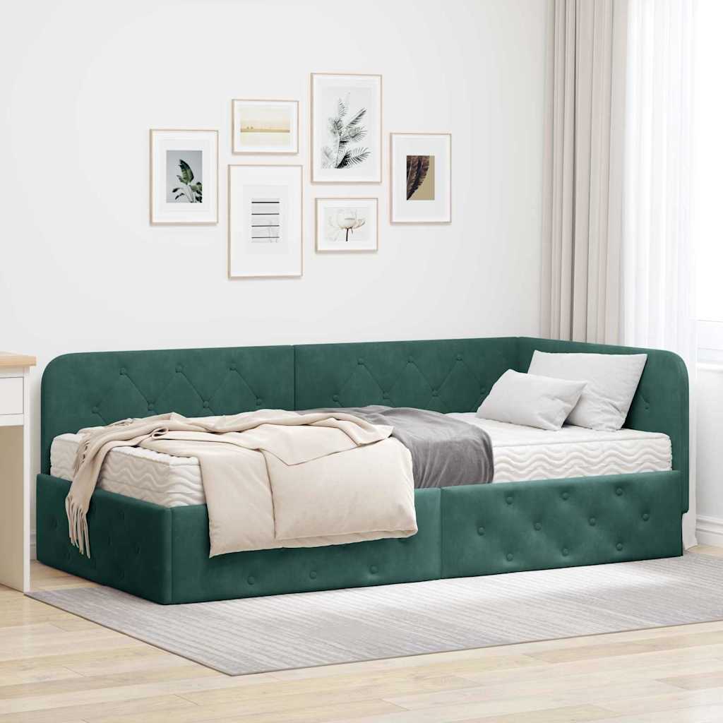 Cornice del letto ad angolo Verde Scuro 90 x 200 cm Velluto