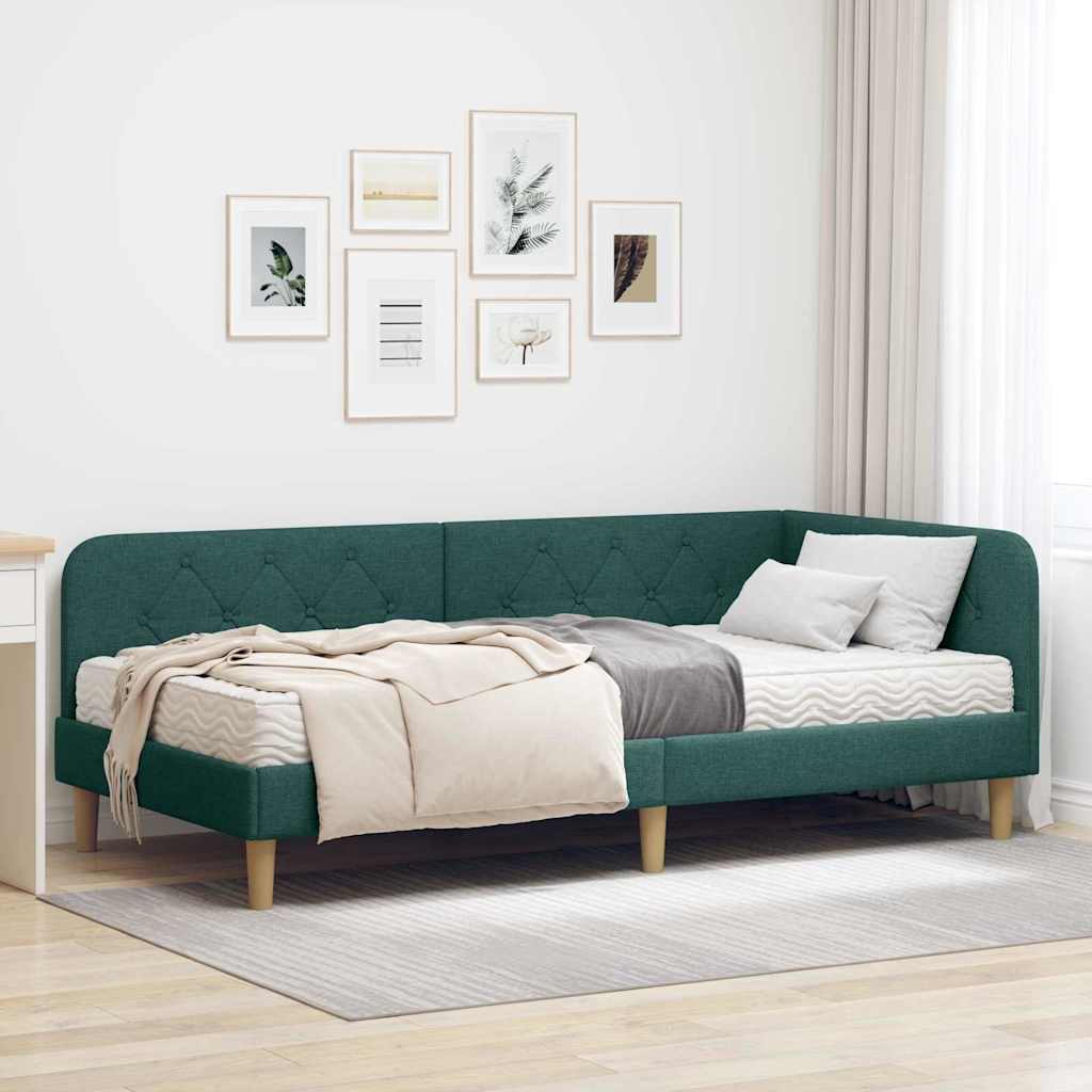 Cornice del letto ad angolo Verde Scuro 90 x 200 cm Tessuto