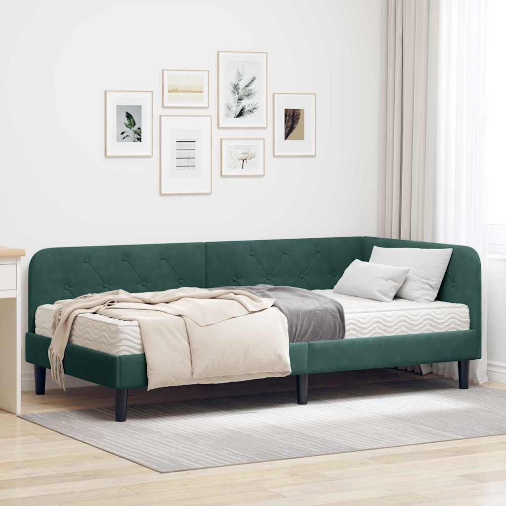 Cornice del letto ad angolo Verde Scuro 90 x 200 cm Velluto