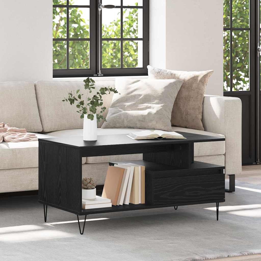 Tavolino da salotto con cassetto Rovere Nero 90 x 49 x 45 cm