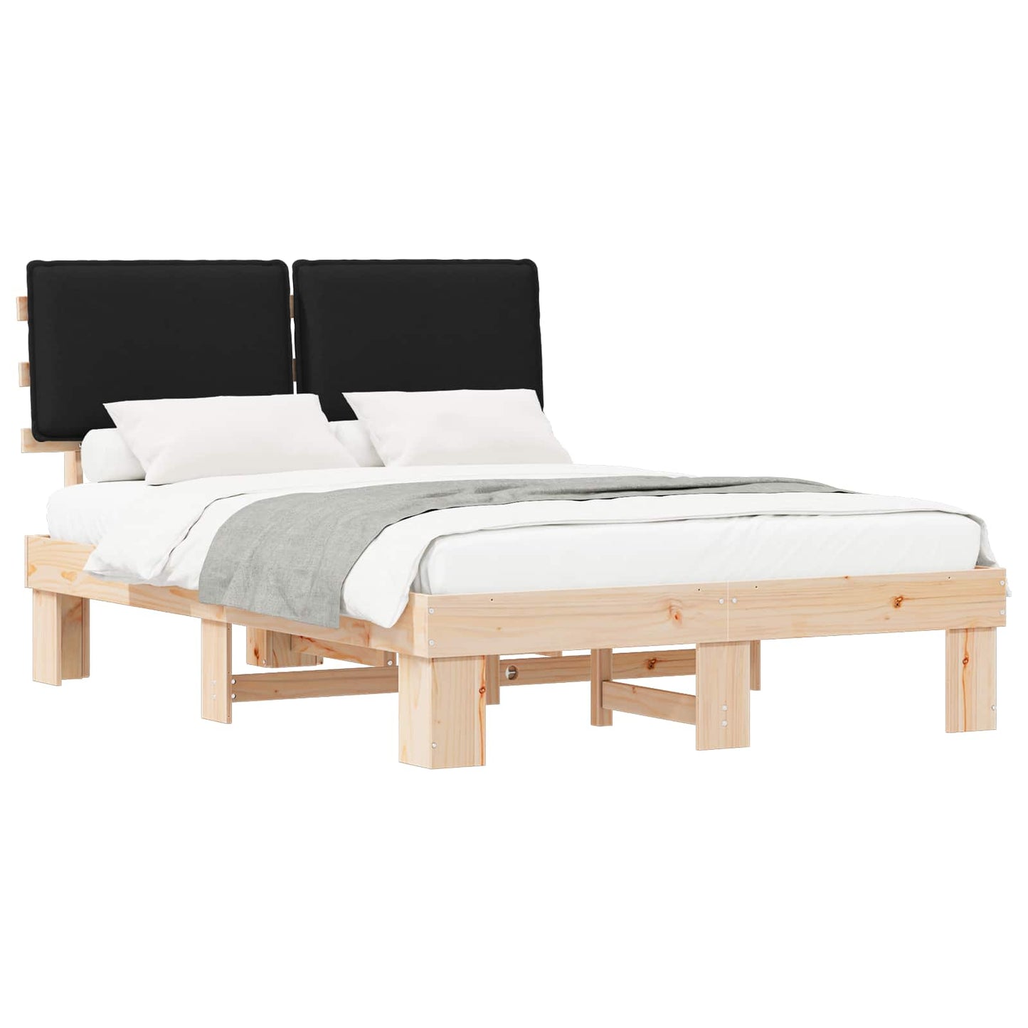 Letto con Testiera Rivestita Nero 140 x 190 cm Pino massello
