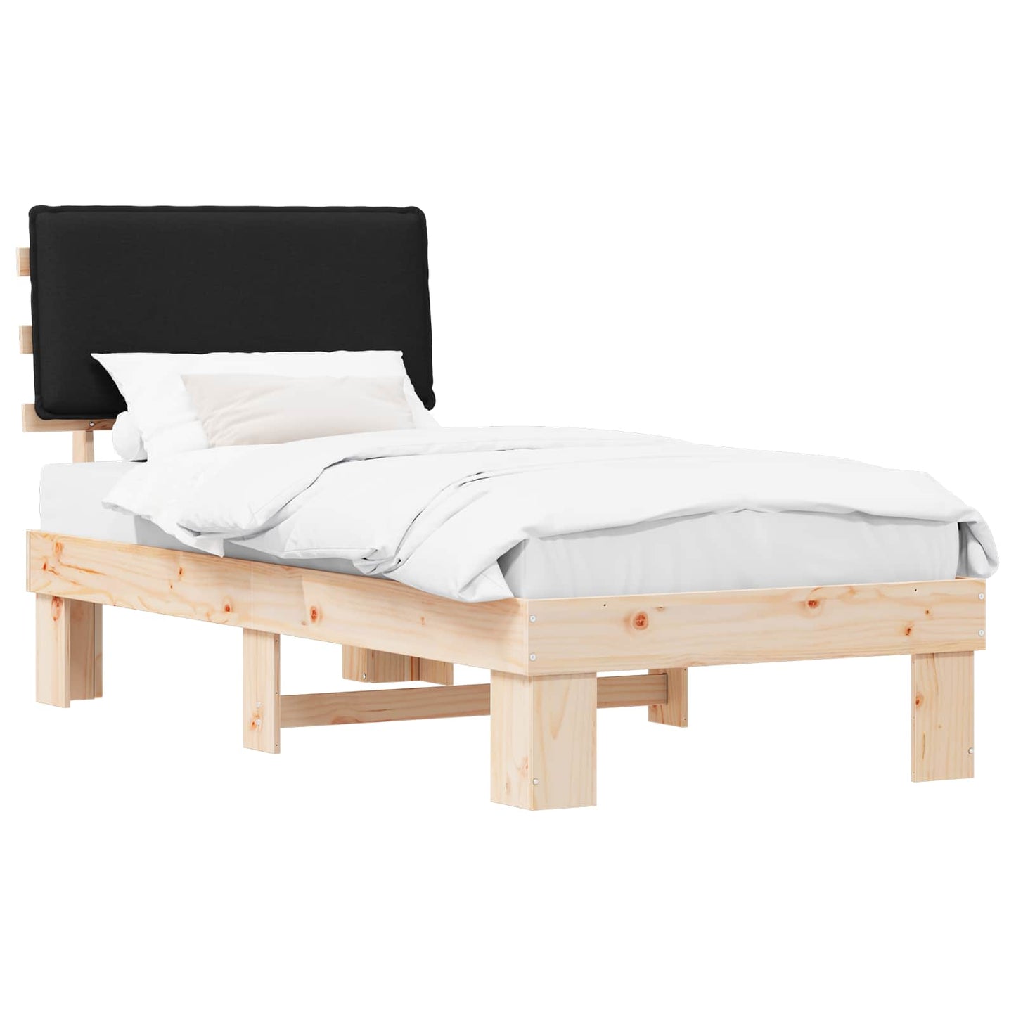 Letto con Testiera Rivestita Nero 90 x 190 cm Pino massello
