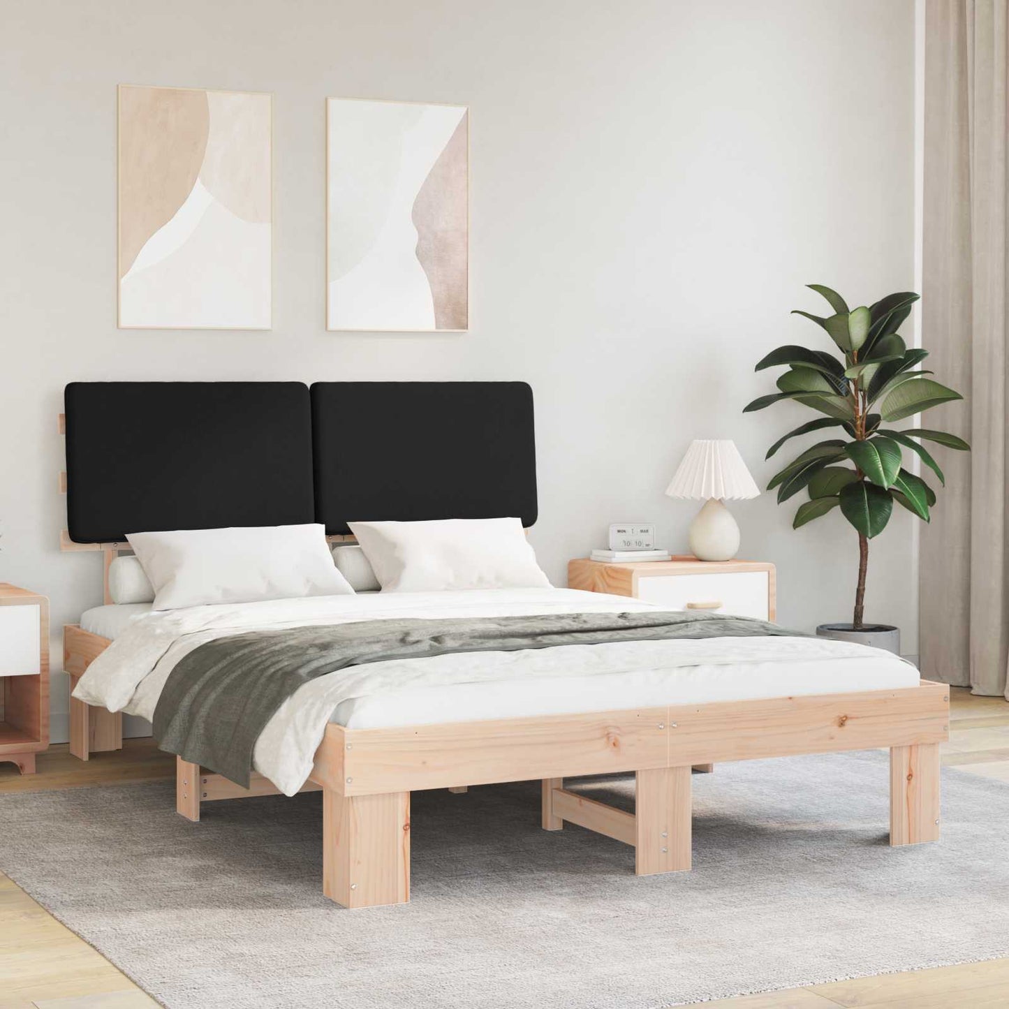 Letto con Testiera Rivestita Nero 150 x 200 cm Pino massello