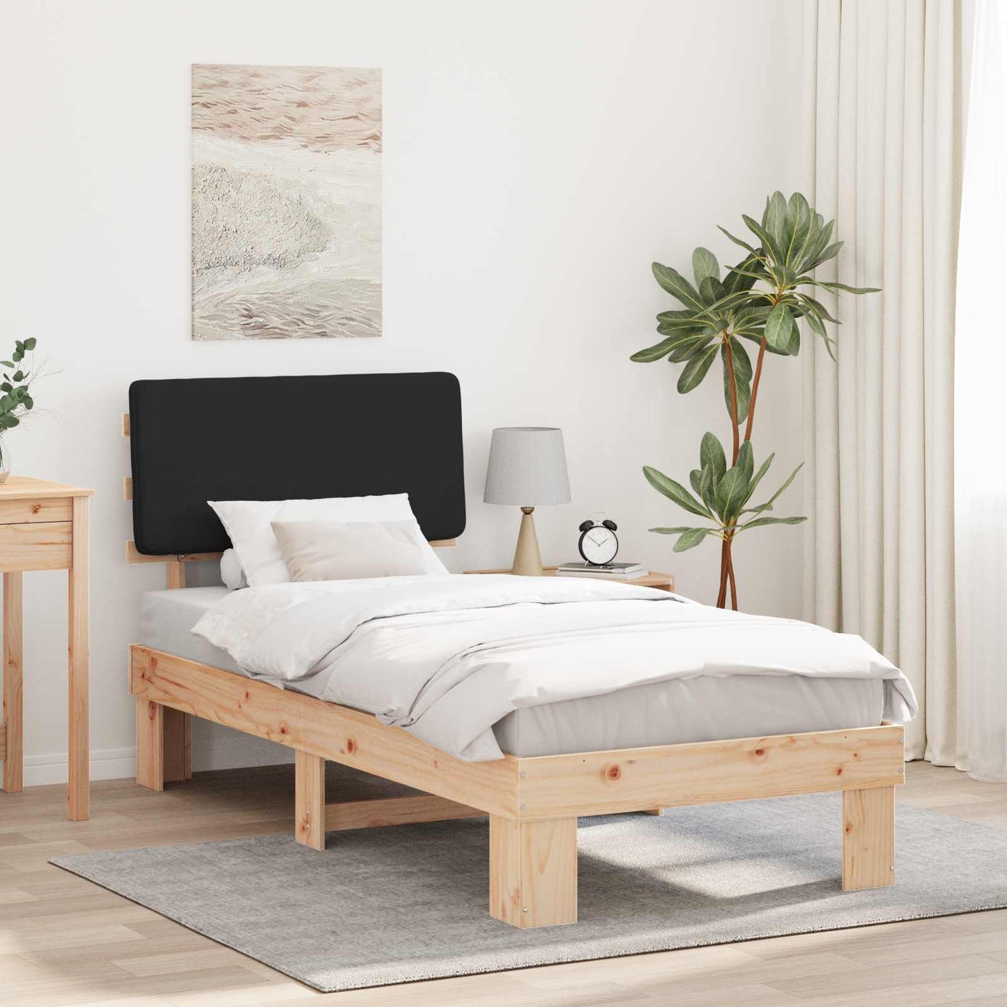 Letto con Testiera Rivestita Nero 75 x 190 cm Pino massello