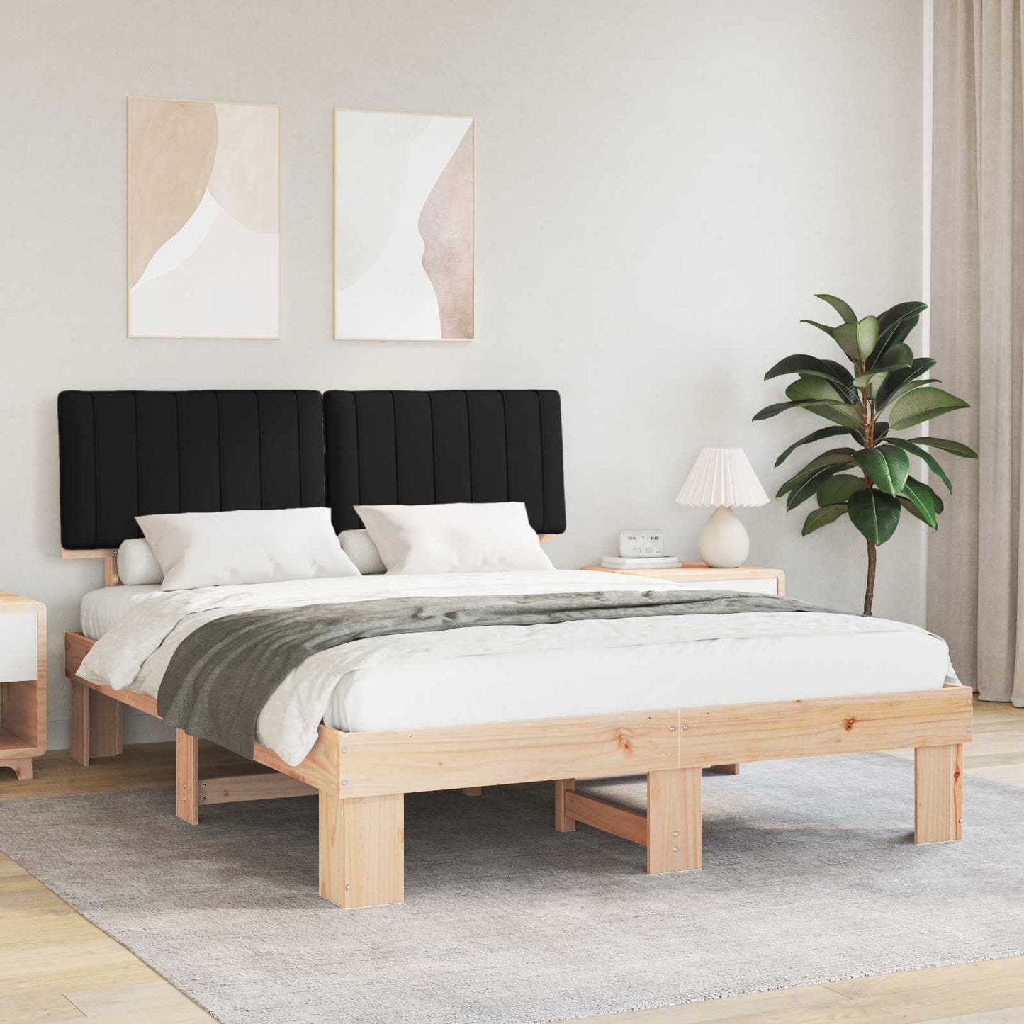 Letto con Testiera Rivestita Nero 150 x 200 cm Pino massello