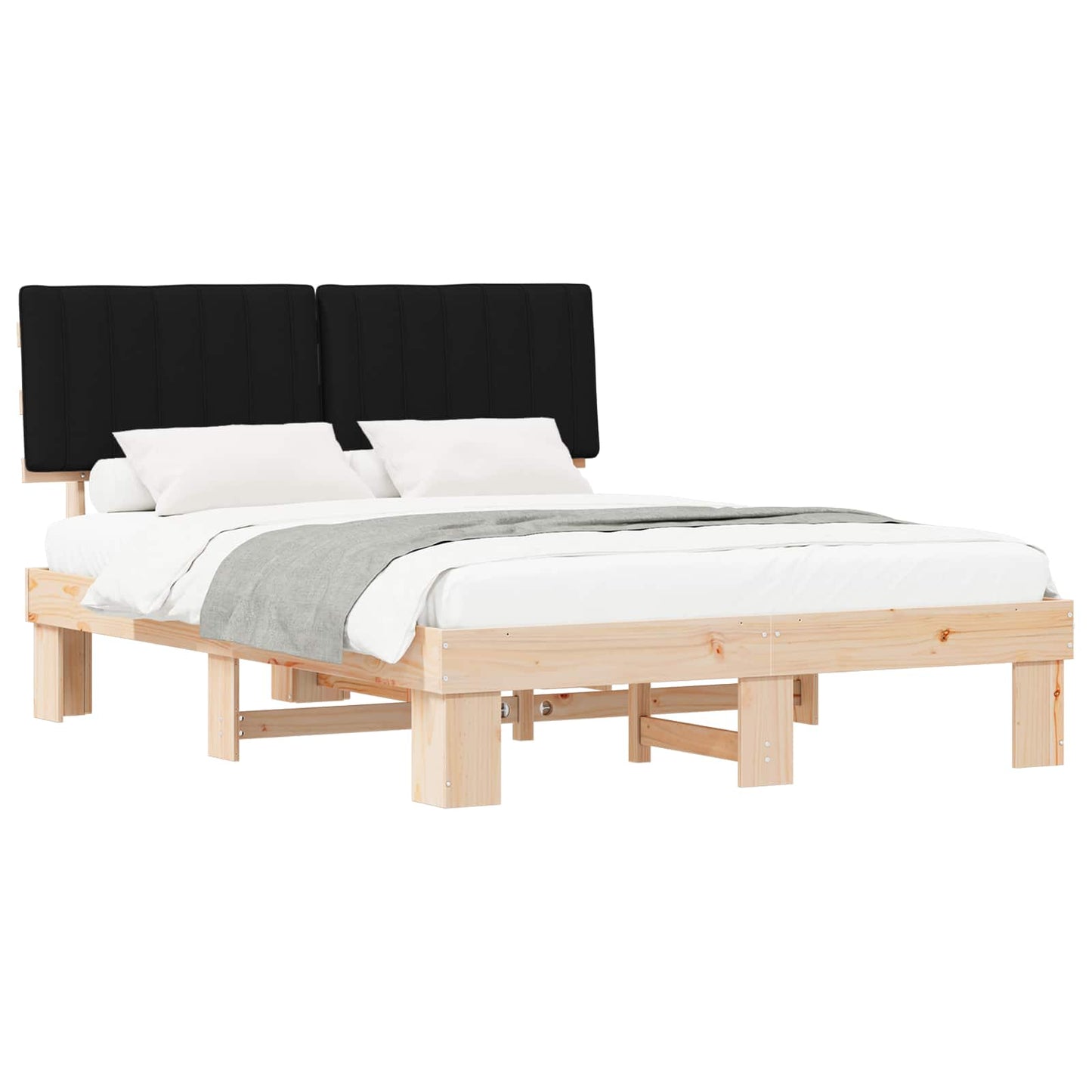 Letto con Testiera Rivestita Nero 150 x 200 cm Pino massello