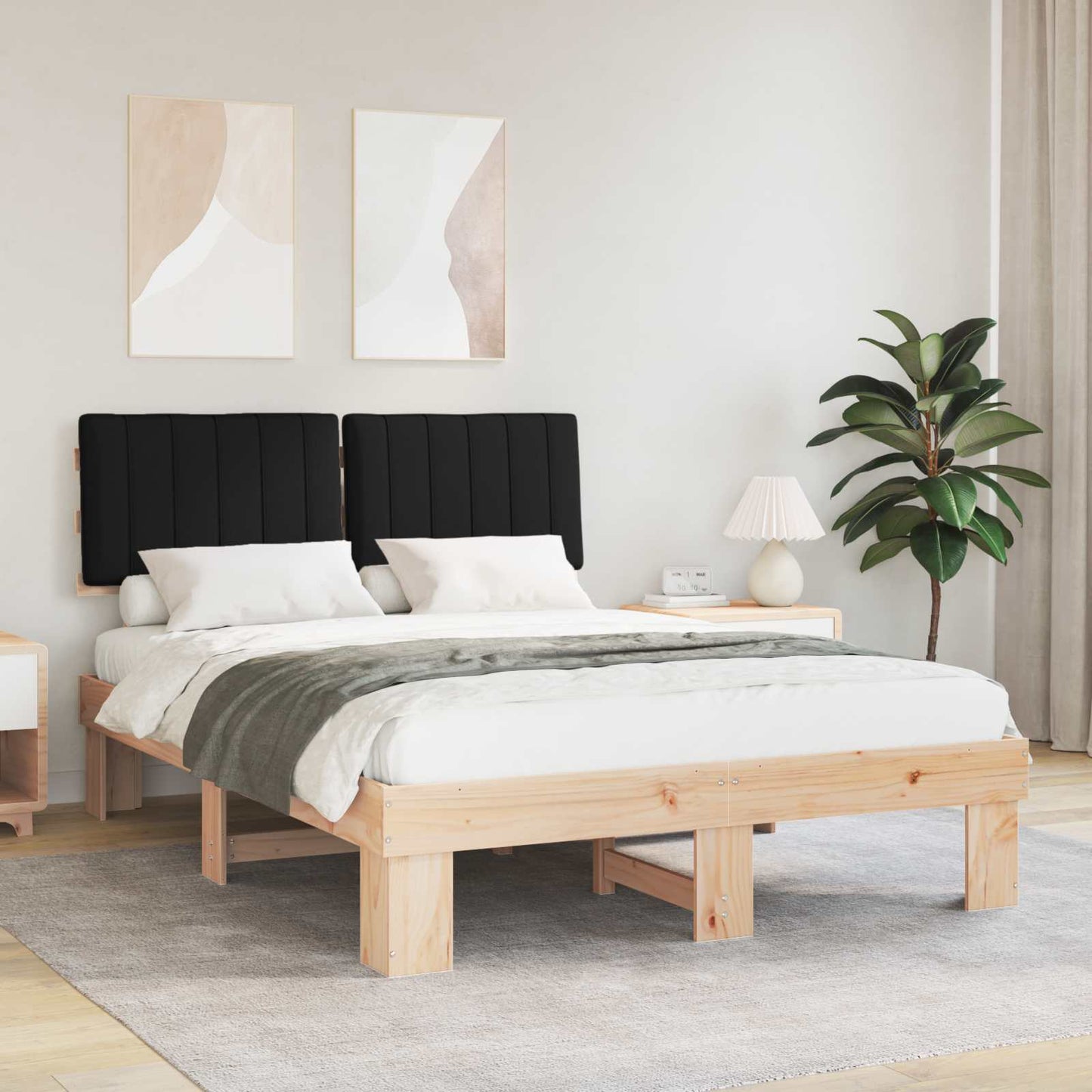 Letto con Testiera Rivestita Nero 135 x 190 cm Pino massello