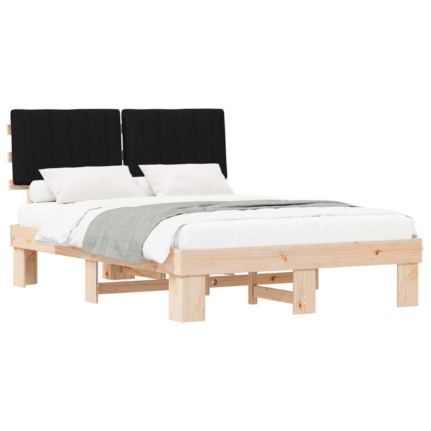 Letto con Testiera Rivestita Nero 135 x 190 cm Pino massello
