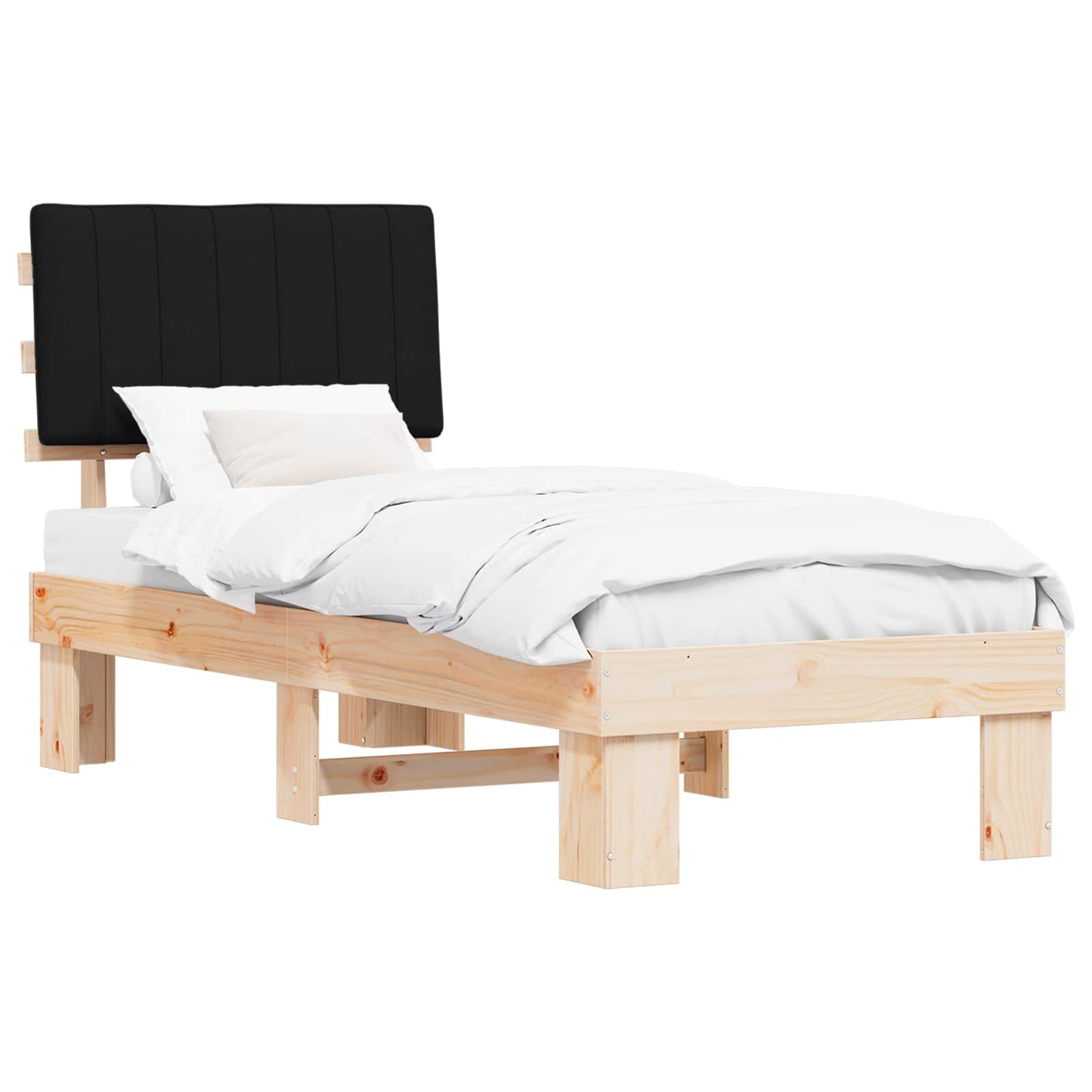 Letto con Testiera Rivestita Nero 75 x 190 cm Pino massello