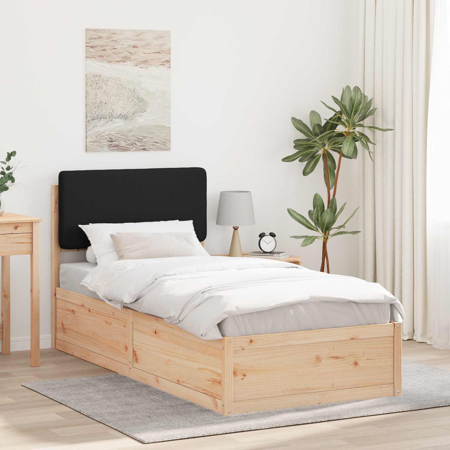 Letto con Testiera Rivestita Nero 75 x 190 cm Pino massello