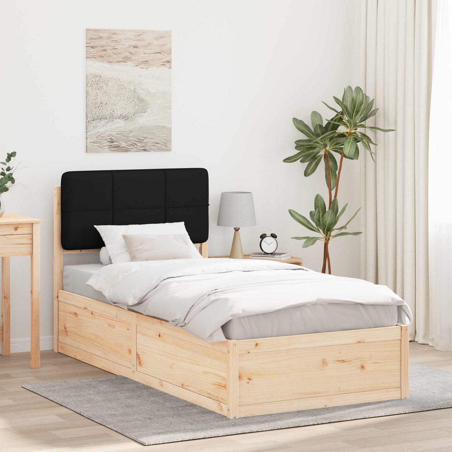 Letto con Testiera Rivestita Nero 75 x 190 cm Pino massello