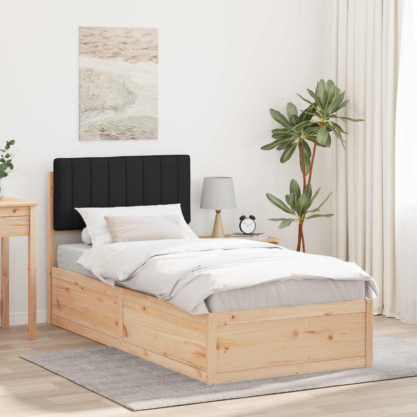 Letto con Testiera Rivestita Nero 90 x 200 cm Pino massello