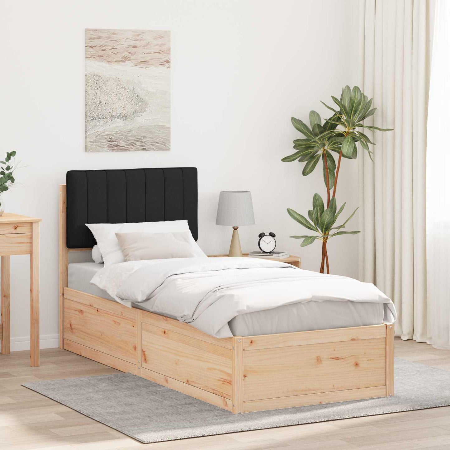 Letto con Testiera Rivestita Nero 75 x 190 cm Pino massello