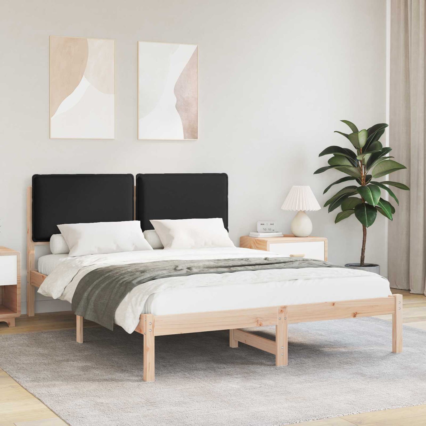 Letto con Testiera Rivestita Nero 150 x 200 cm Pino massello