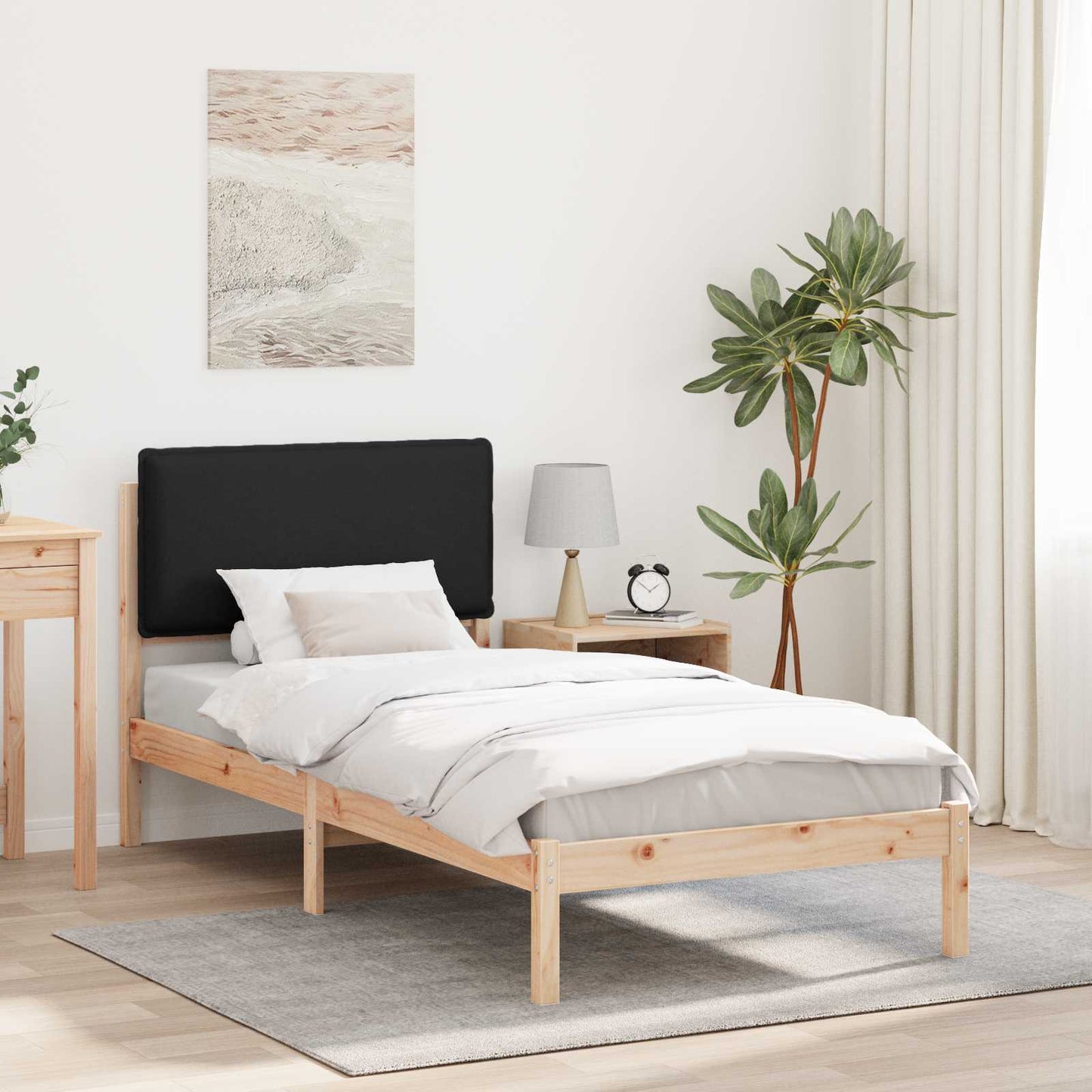 Letto con Testiera Rivestita Nero 90 x 200 cm Pino massello