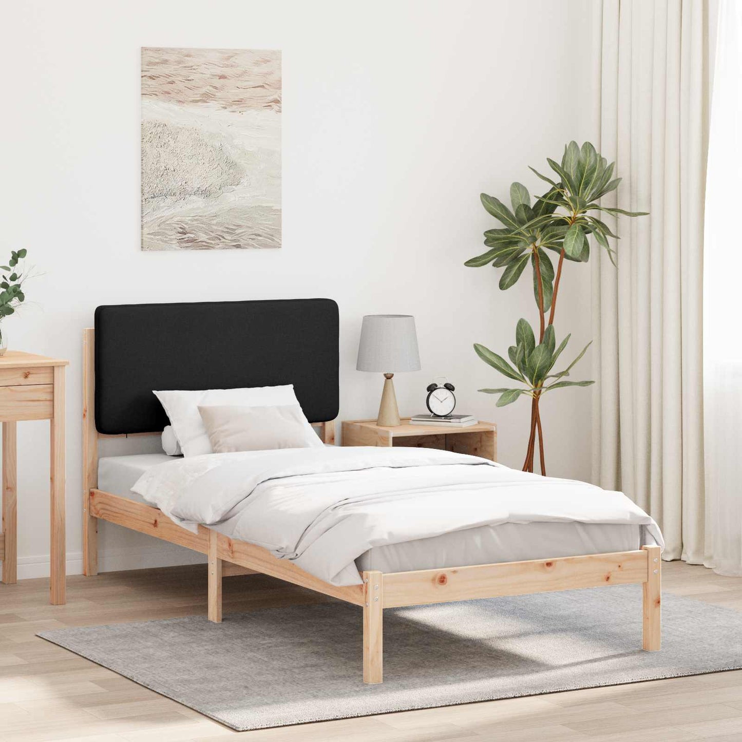 Letto con Testiera Rivestita Nero 75 x 190 cm Pino massello