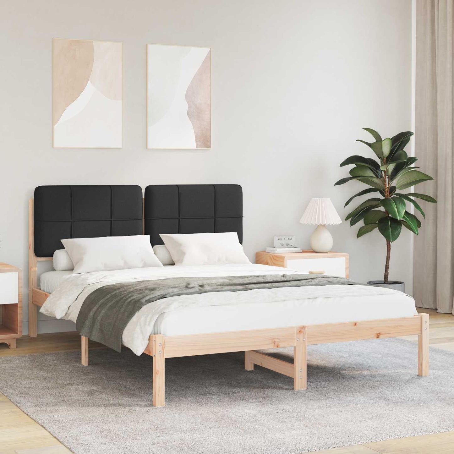 Letto con Testiera Rivestita Nero 135 x 190 cm Pino massello