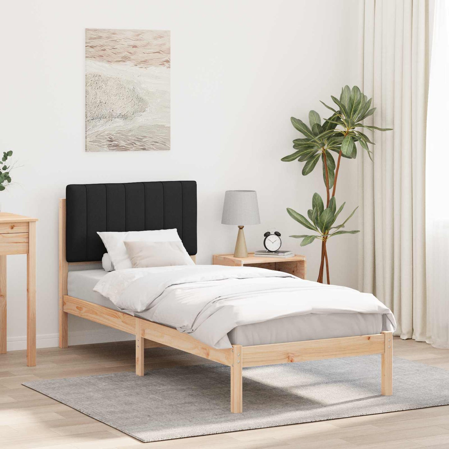 Letto con Testiera Rivestita Nero 75 x 190 cm Pino massello