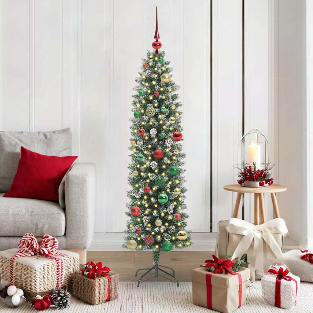 Albero di Natale Artificiale Sottile Verde e Bianco 150 cm