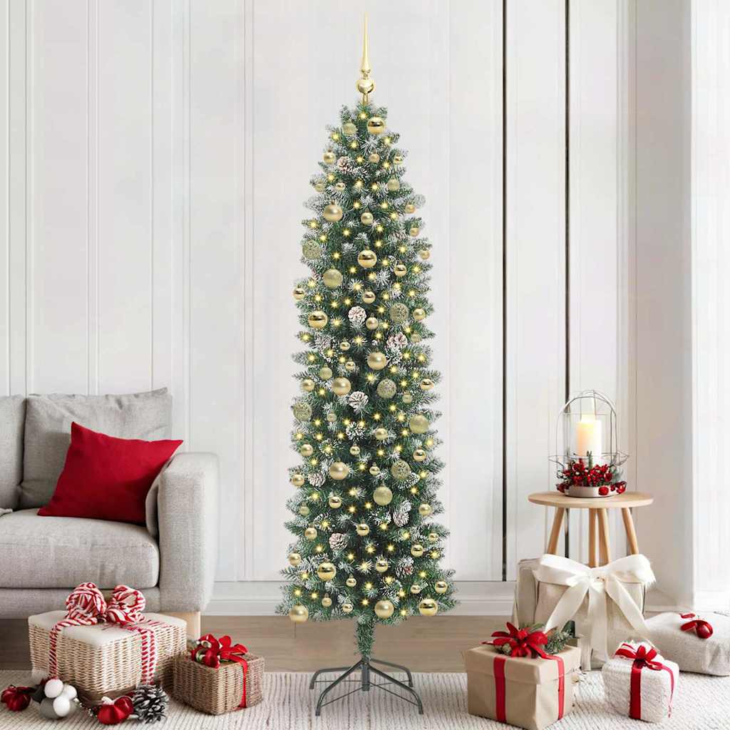 Albero di Natale Artificiale Sottile Verde e Bianco 210 cm