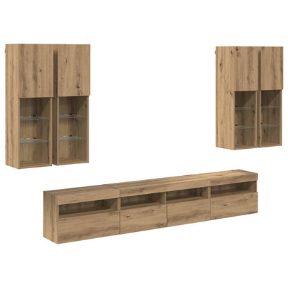 Set Mobile TV a Muro con Luci LED 7 pcs rovere artigianale