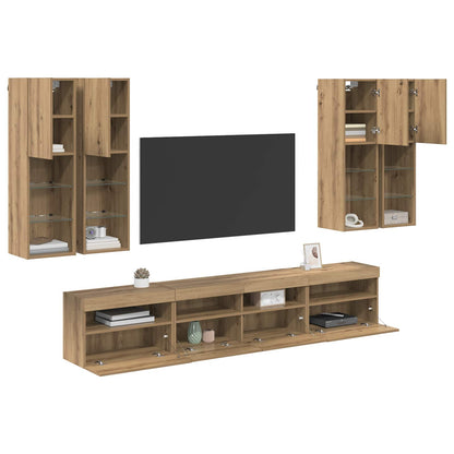Set Mobile TV a Muro con Luci LED 7 pcs rovere artigianale