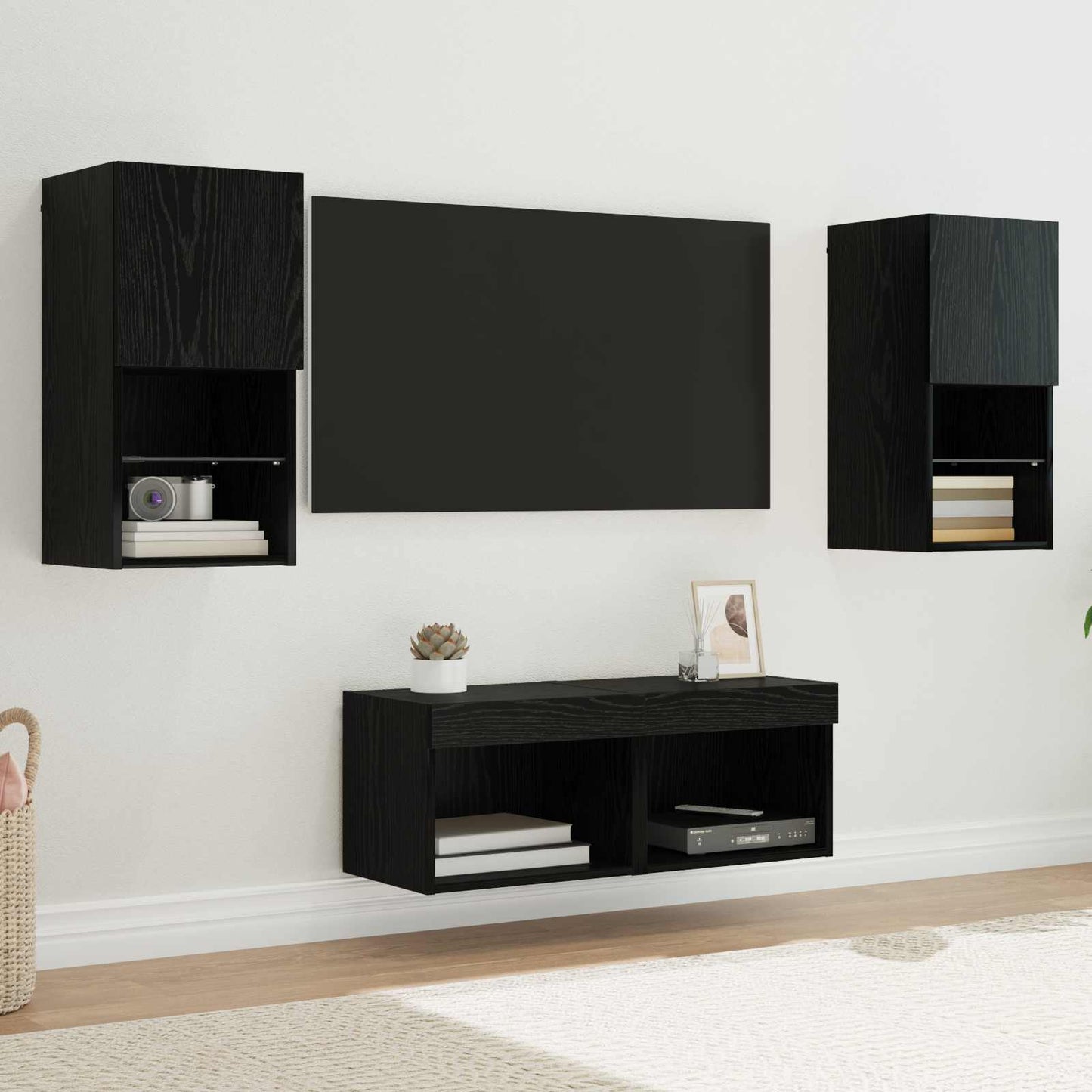 Mobiletti TV da Parete 4 pcs Rovere Nero Legno multistrato