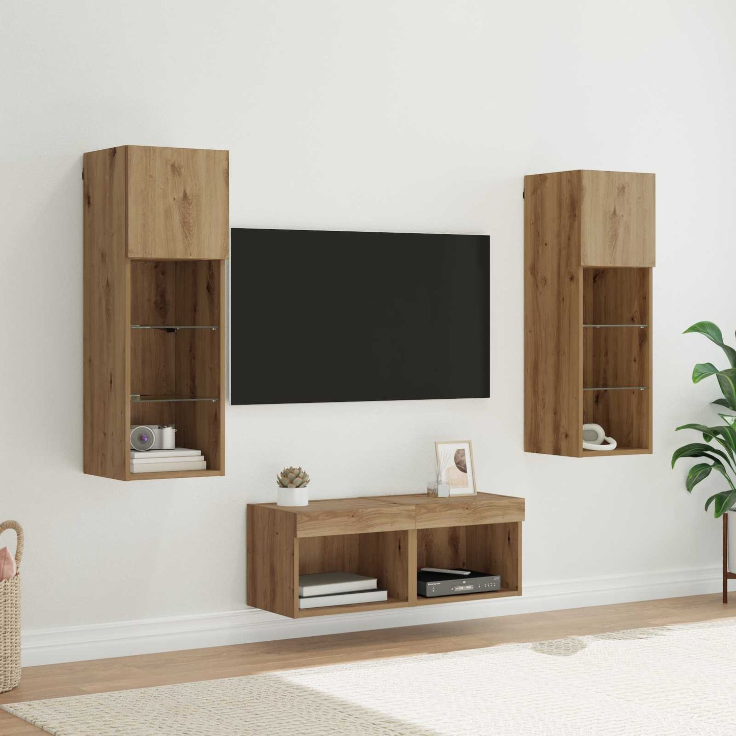 Mobiletti TV da Parete 4 pcs Rovere Nero Legno multistrato