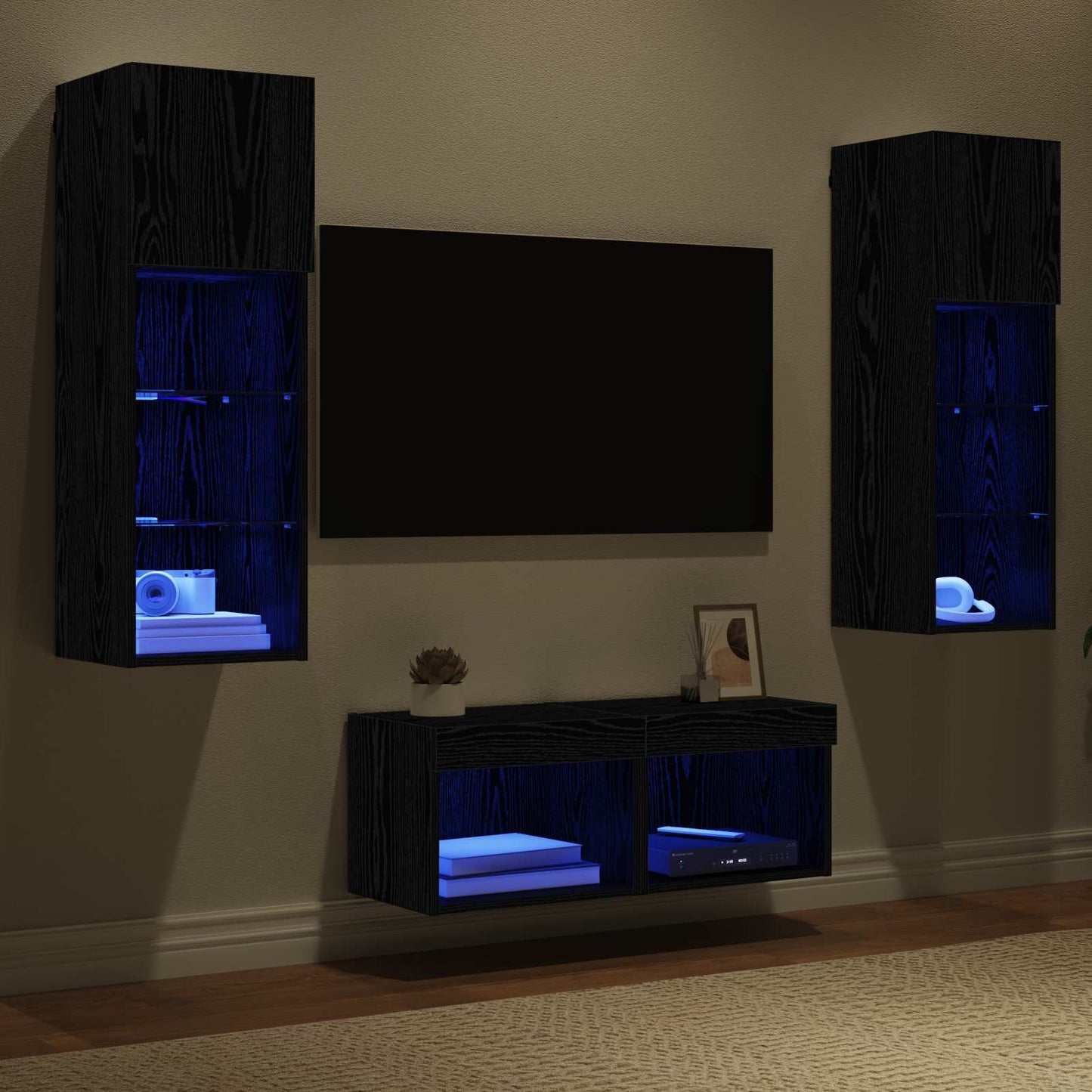 Mobiletti TV da Parete 4 pcs Rovere Nero Legno multistrato
