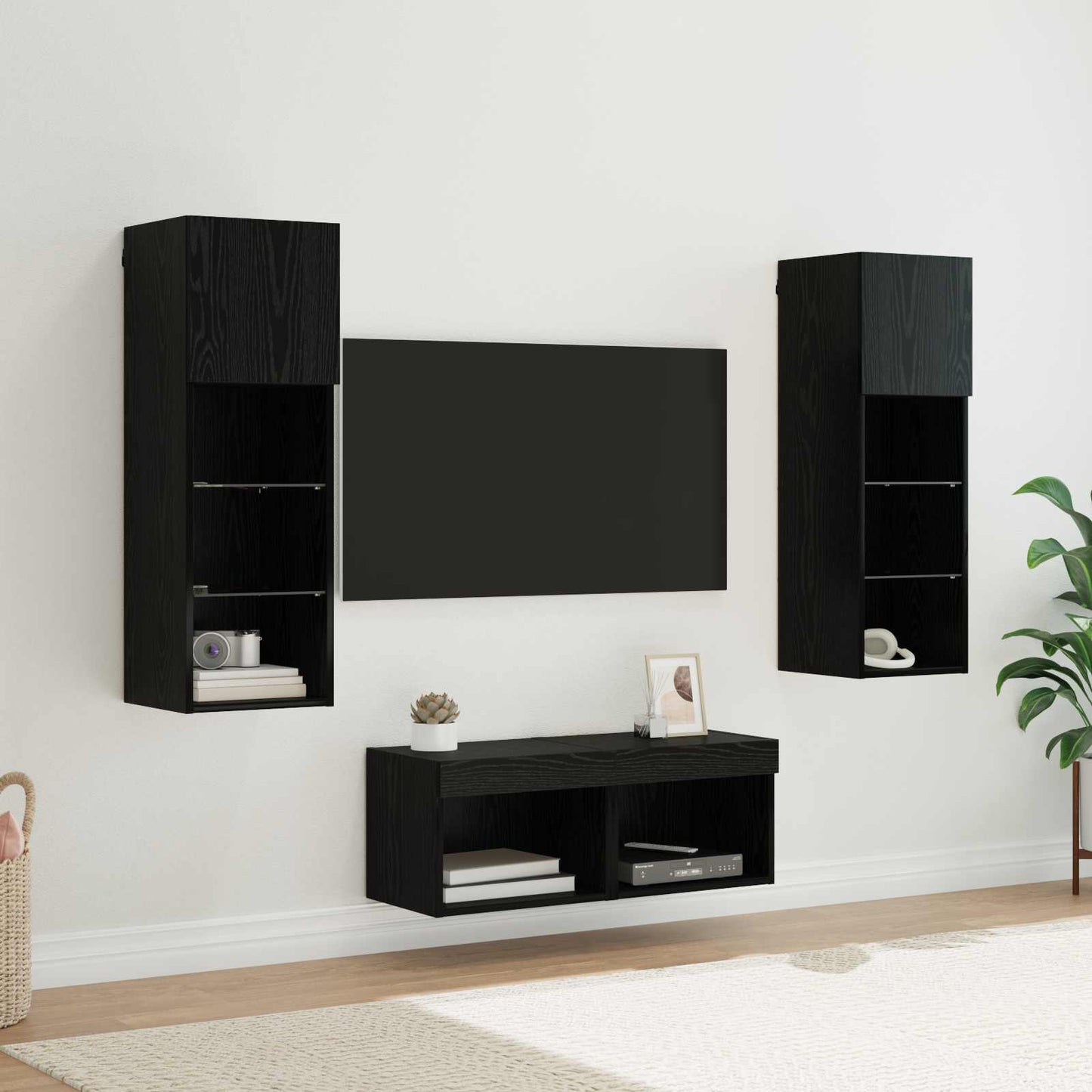 Mobiletti TV da Parete 4 pcs Rovere Nero Legno multistrato