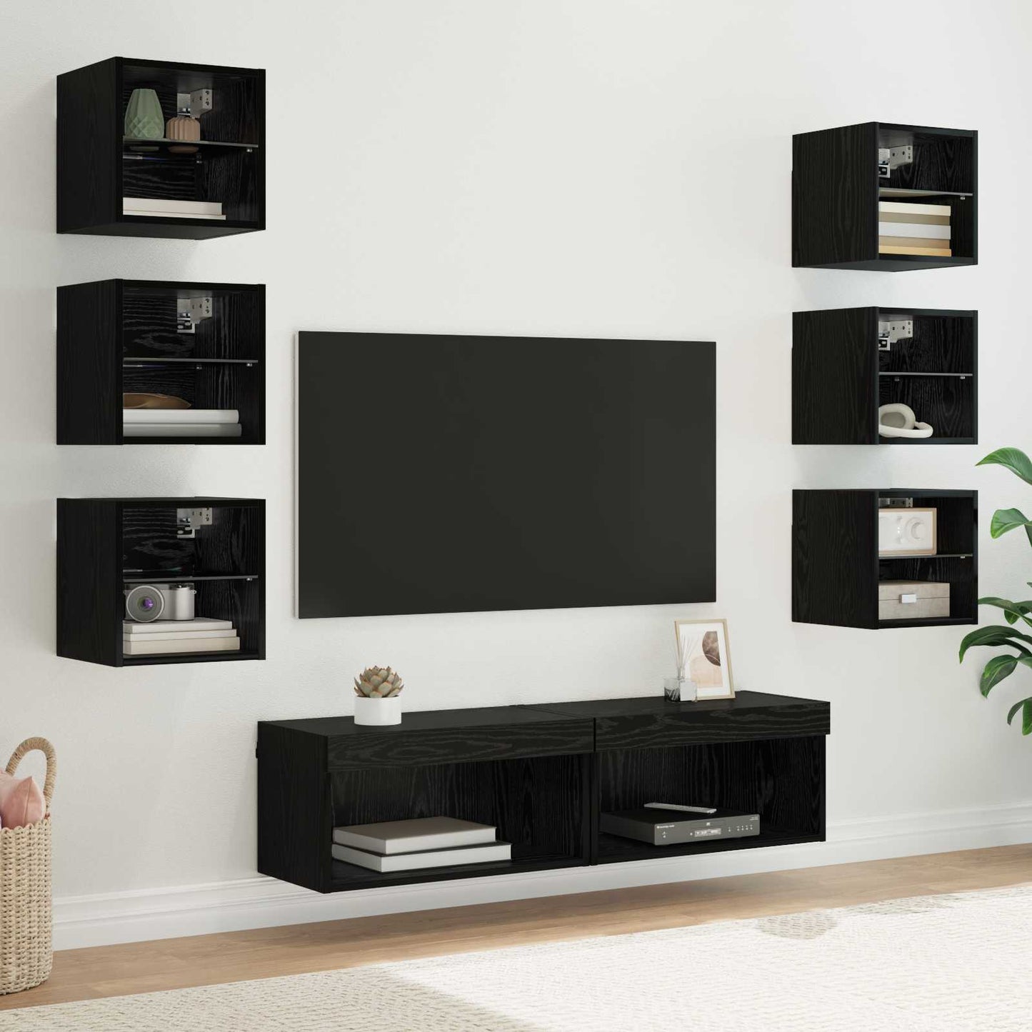 Mobile TV con luci a strisce a LED 8 pcs Rovere Nero Vetro