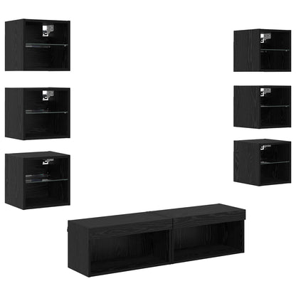 Mobile TV con luci a strisce a LED 8 pcs Rovere Nero Vetro