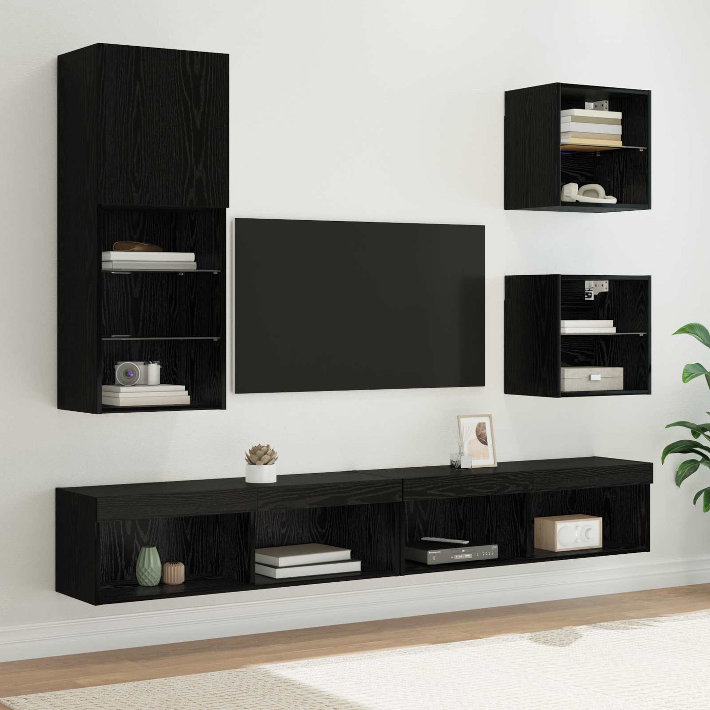 UnitÃƒÆ’Ã‚Â  a muro per TV con LED 5 pcs Rovere Nero Legno multistrato