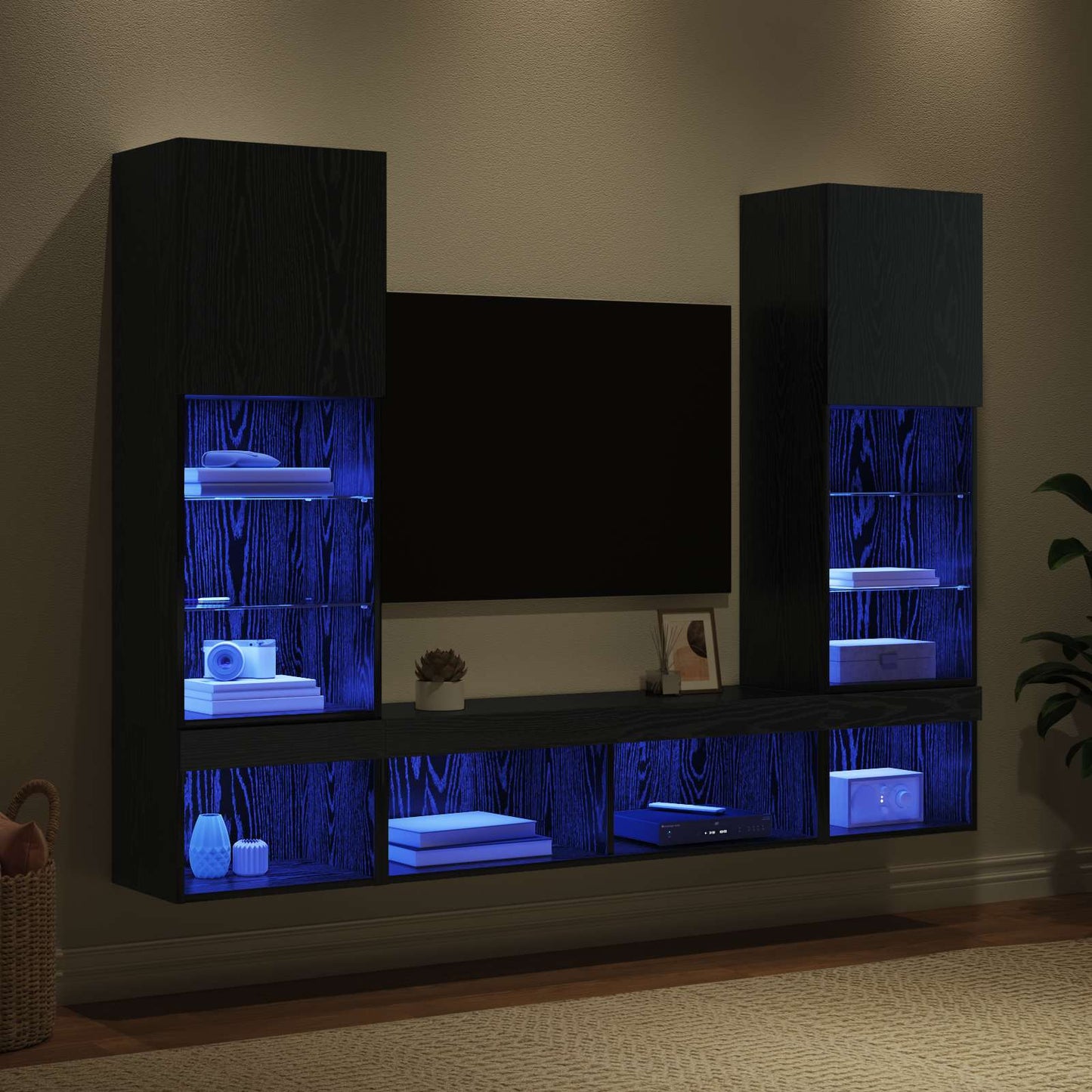 UnitÃƒÆ’Ã‚Â  a muro per TV con LED 5 pcs Rovere Nero Legno multistrato