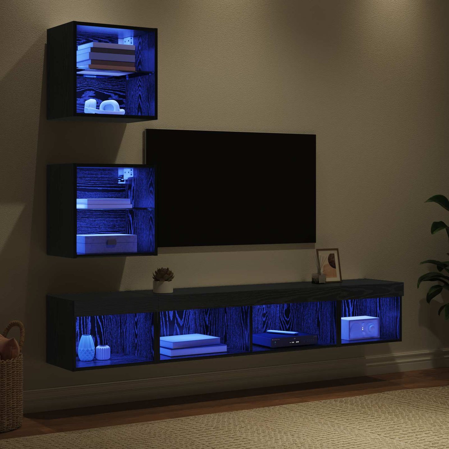 UnitÃƒÆ’Ã‚Â  a muro per TV con LED 5 pcs Rovere Nero Legno multistrato