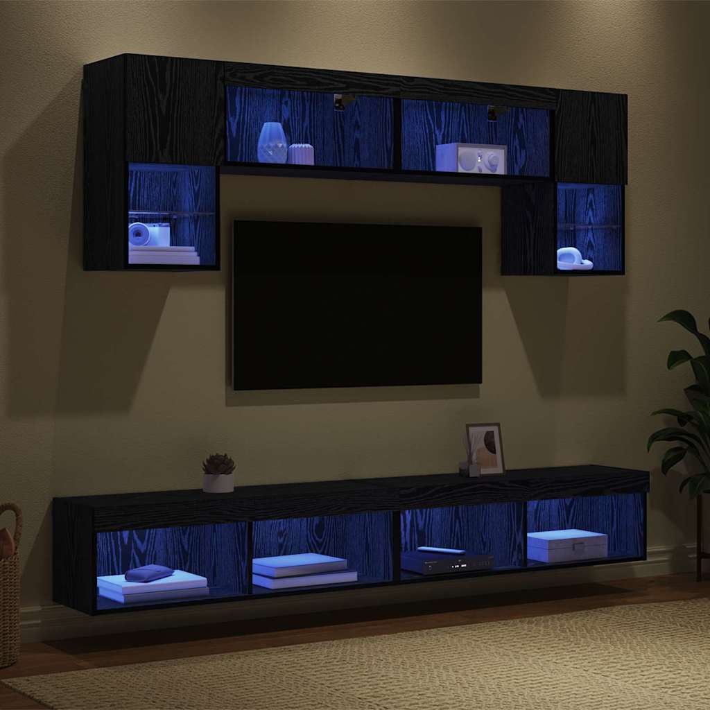 UnitÃƒÆ’Ã‚Â  a muro per TV con LED 6 pcs Rovere Nero Legno multistrato