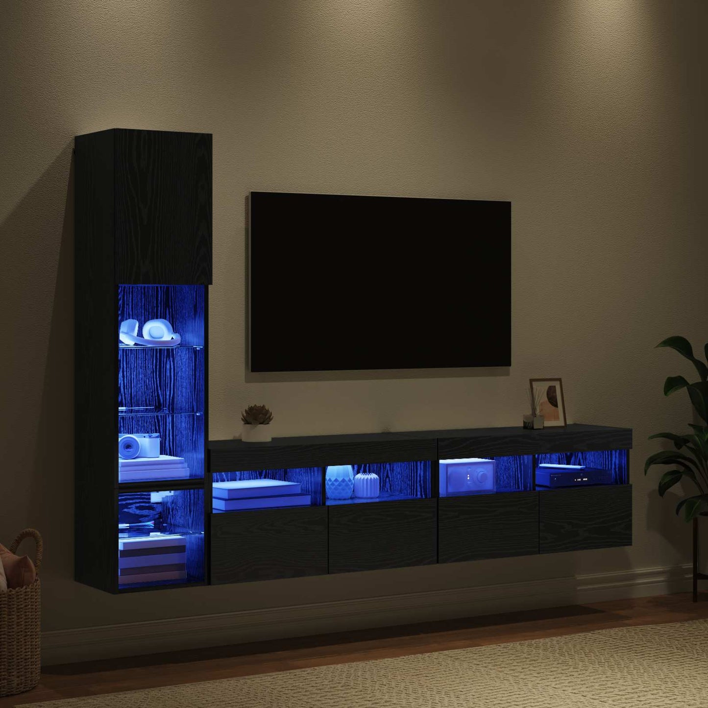 UnitÃƒÂ  TV da Parete con led 4 pcs Rovere Nero Legno multistrato