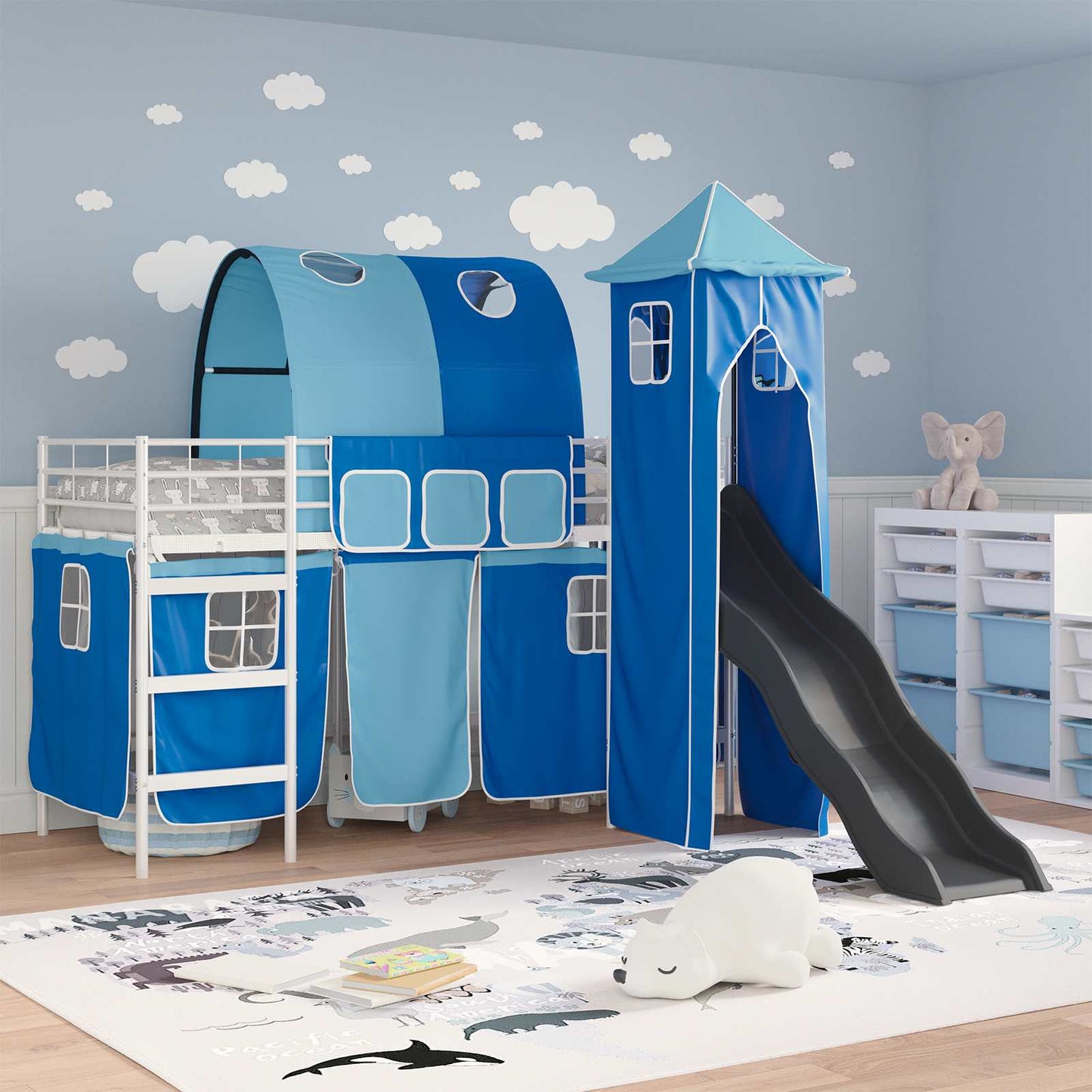 Struttura del letto loft per bambini Bianco e Blu 100 x 190 cm